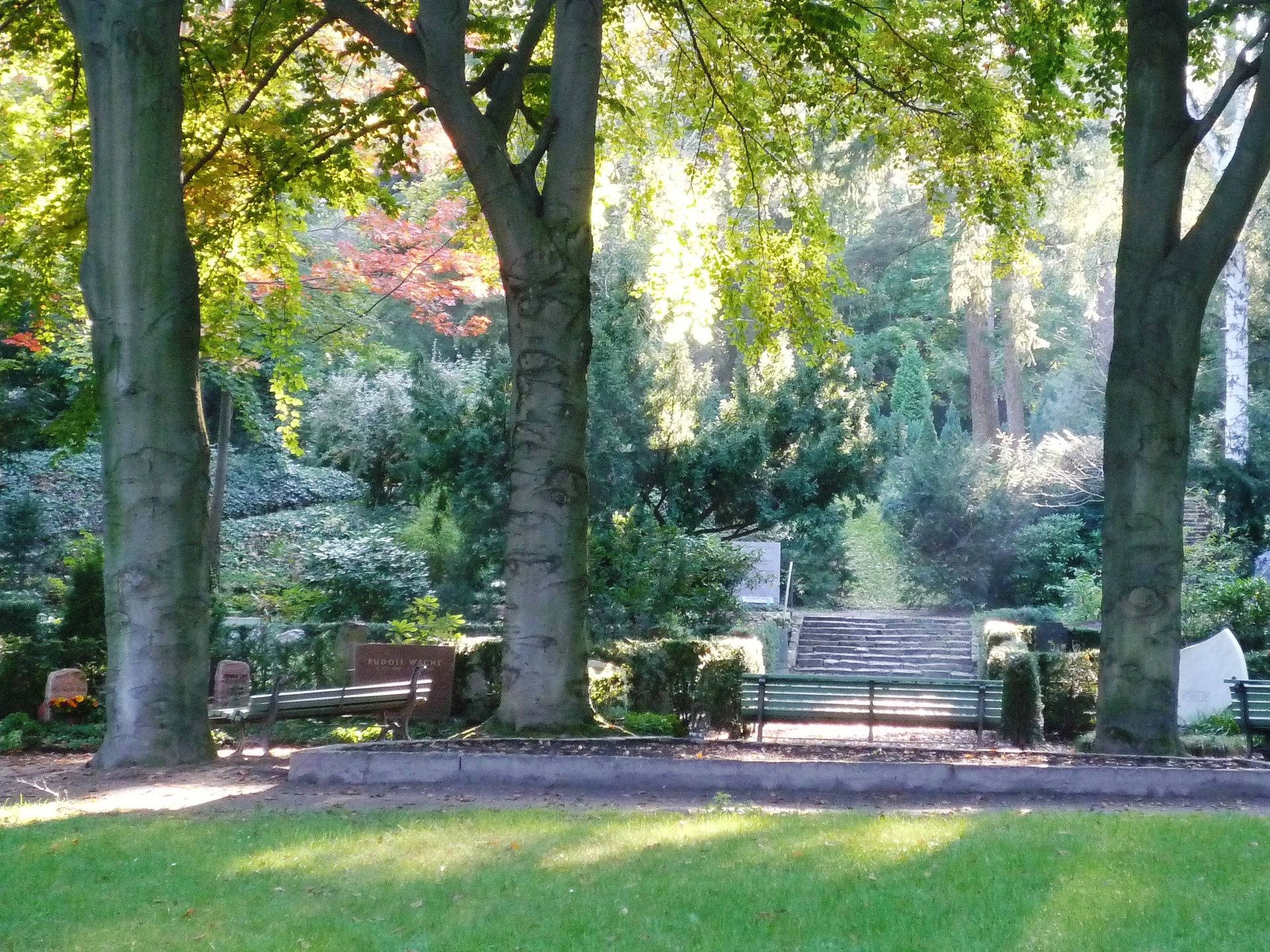 Terrassierte, baumbestandene Grabfelder auf dem Friedhof Heerstraße in Berlin-Westend